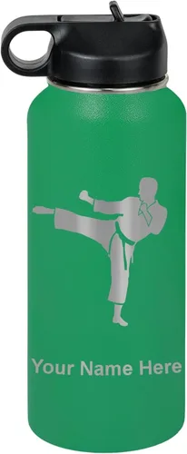 Miniatura 32 de Botella de agua personalizada LaserGram, Karate Man, de acero inoxidable con doble pared aislada al vacío con tapa abatible, regalo personalizado
