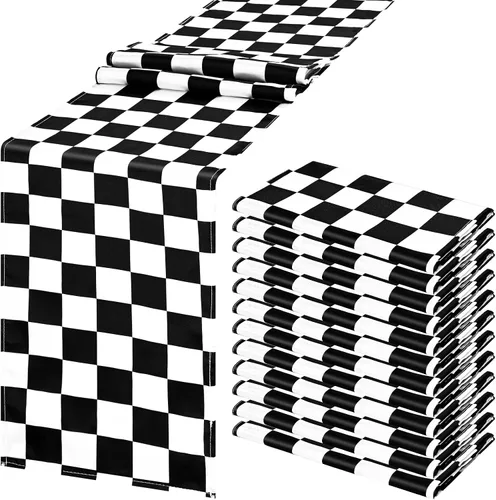 Paquete de 12 caminos de mesa a cuadros de 12 x 108 pulgadas, tablero de ajedrez blanco y negro, bandera de carreras, camino de mesa de poliéster