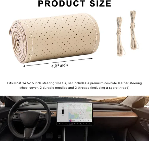 Miniatura 2 de Funda de Volante de Cuero Genuino, 15 Pulgadas, Transpirable, Funda de Volante Envolvente con Costura, Protector de Costura DIY Antideslizante