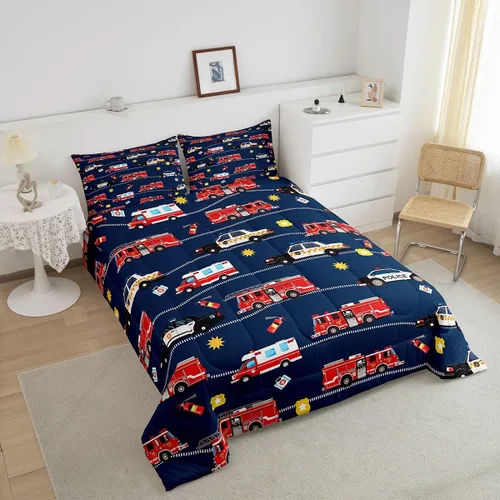 Miniatura 3 de Feelyou Juego de ropa de cama de camión de bomberos, edredón de coche de bomberos y policía para decoración de habitación de niños, tamaño Multi D05