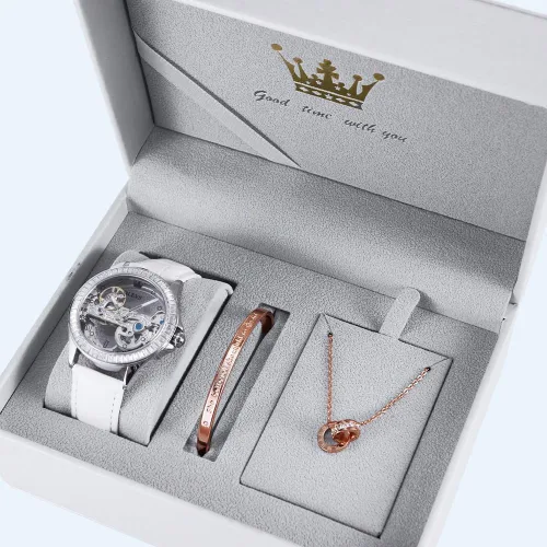 Miniatura 3 de OLEVS Reloj de mujer con diseño de esqueleto, mecánico automático, plateado, de lujo, impermeable, luminoso, conjunto de regalo