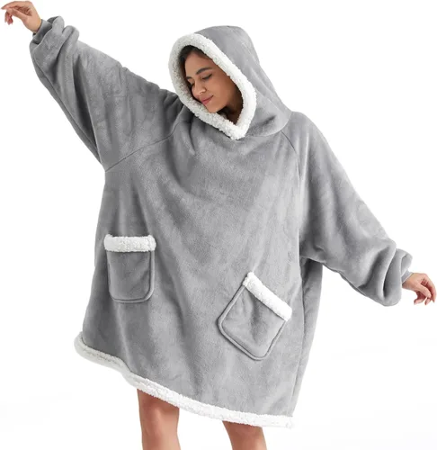 Bedsure Manta con capucha, manta con capucha portátil como regalos para mamá, regalos de cumpleaños para mujeres, niños y adolescentes, sudadera Gris