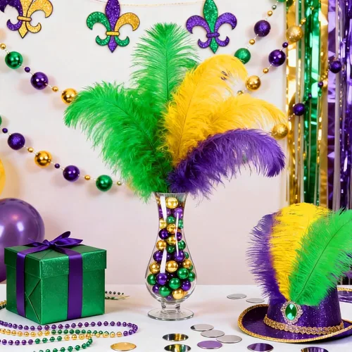 Miniatura 6 de MARFOREVER Plumas de Mardi Gras para manualidades y centros de mesa, paquete de 24, 10-12 pulgadas, plumas naturales verdes doradas y moradas