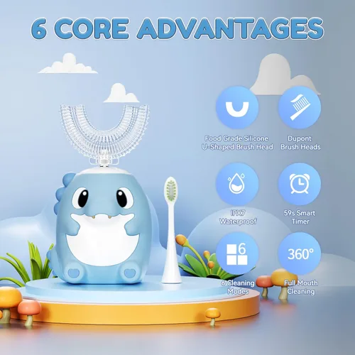Miniatura 2 de Kids Electric U Shaped Toothbrush Children Dinosaur Sonic Automatic Toothbrush with 6 Brush Heads Full Mouth 6 Cleaning Modes - (Age2-15 Blue)
