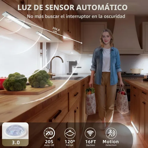 Miniatura 2 de Paquete de 4 luces para debajo del gabinete, luz recargable con sensor de movimiento para interiores, luces magnéticas inalámbricas regulables, 32