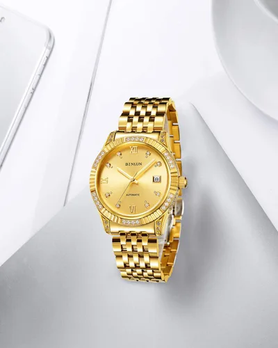 Miniatura 36 de BINLUN Reloj de pulsera para hombre, mecánico automático, reloj dorado con cuerda automática, elegante, chapado en oro de 18 quilates, relojes