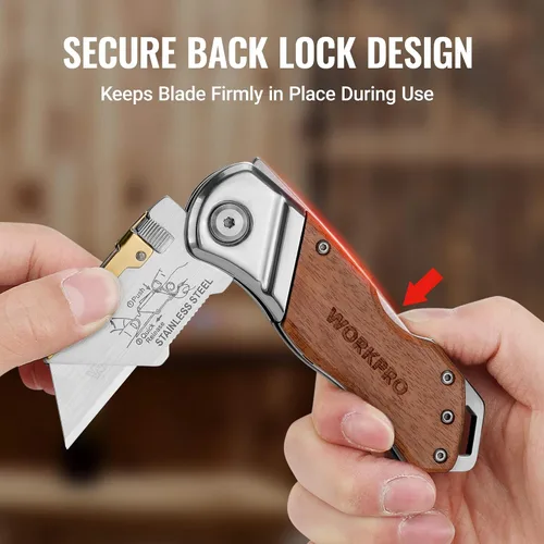 Miniatura 6 de WORKPRO Cuchillo utilitario plegable con clip para cinturón y cuchillas adicionales de 10 piezas, mango de madera, cortador resistente, cambio
