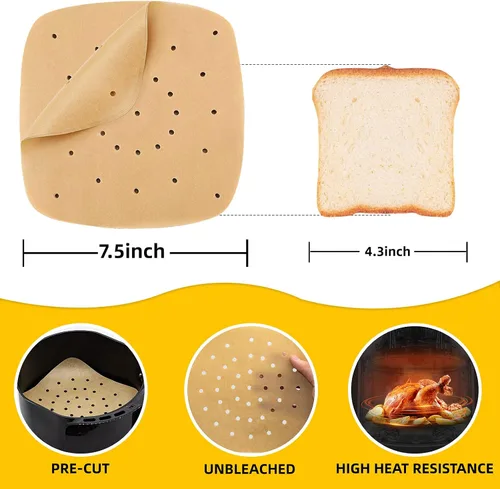 Miniatura 4 de Katbite 200 piezas de 6.5 pulgadas, revestimientos cuadrados sin blanquear, papel pergamino perforado resistente para freidora de aire, cesta