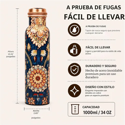 Miniatura 2 de Botella de agua de cobre puro - Hecha a mano - Beneficios para la salud de ayurveda - Grande 35 oz - A prueba de fugas - Fácil de llevar para Índigo