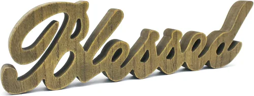 Miniatura 7 de CVHOMEDECO. Letrero de madera con texto en inglés «Blessed» para regalo y mesa/estante/decoración de pared del hogar/oficina, negro mate, 15 x 4-1/4