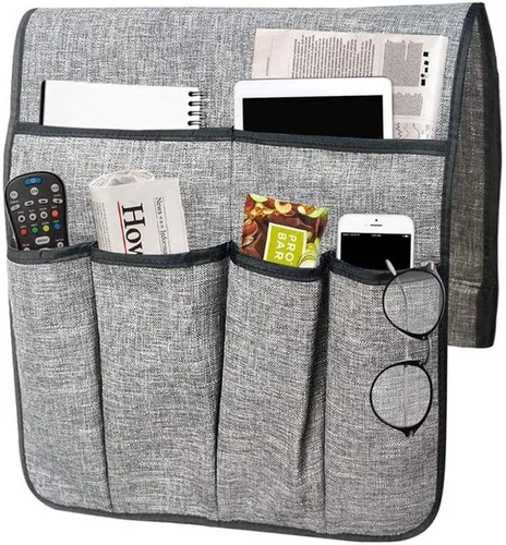 Miniatura 7 de Organizador de reposabrazos de cuero antideslizante para sofá, soporte remoto, sillón reclinable con 6 bolsillos para revistas, libros, control