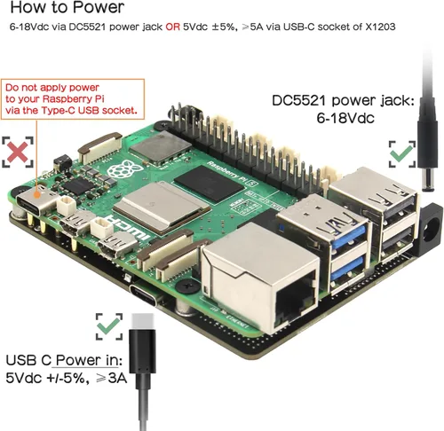 Miniatura 4 de Geekworm X1203 5V UPS Placa de expansión para Raspberry Pi 5 Salida máxima de 5.1V 5A Entrada ancha de 6-18 V Encendido automático Apagado