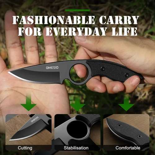 Miniatura 6 de Omesio Cuchillo pequeño de hoja fija, cuchillo táctico de caza y campamento con funda Kydex, acero inoxidable de espiga completa compacto EDC
