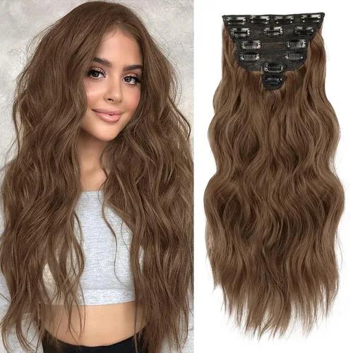Miniatura 23 de NAYOO Extensiones de cabello con clip, de 20 pulgadas, largo, ondulado, rizado, rubio ceniza, extensiones de cabello sintético de cabeza completa