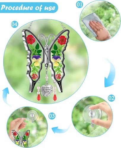 Miniatura 2 de KY&BOSAM Regalos para mamá atrapaluz de mariposa "God bless my mother-in-law" de vitral para ventanas, campanilla de viento, adorno colgante
