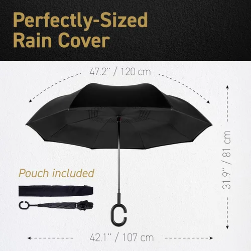 Miniatura 2 de Paraguas EEZ-Y invertido con doble capa de construcción resistente al viento, reversible y plegable para uso en el automóvil, mango en forma de C