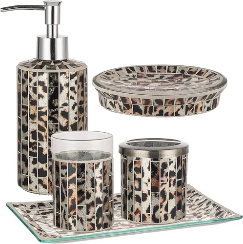 KMWARES Juego de accesorios decorativos de baño de vidrio de mosaico de 5 piezas, incluye dispensador de jabón Hande y vaso, bandeja para jabón,