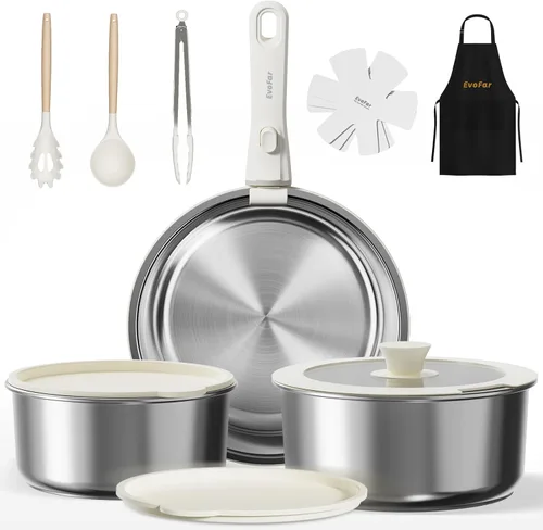 Juego de 14 utensilios de cocina de acero inoxidable, juego de ollas y sartenes desmontables con mango extraíble, no tóxico, ahorro de espacio,