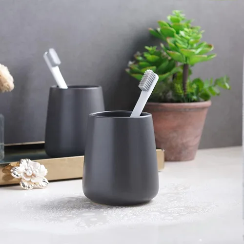 Miniatura 7 de Soporte para cepillos de dientes gris para baño, soporte de cerámica para cepillos de dientes, soporte para pasta de dientes, taza de enjuague bucal