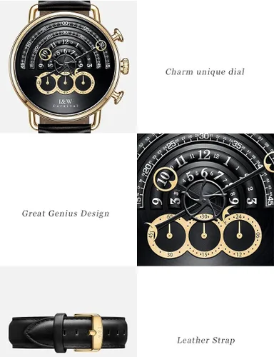 Miniatura 2 de Luxury Mens Big Dial Chronograph Sapphire Glass Waterproof Quartz Black Leather Gold Watches