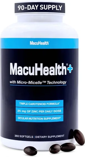 Macuhealth Plus+ Suplemento de vitaminas para los ojos para adultos, suministro para 90 días con luteína, zeaxantina y meso-zeaxantina, sin sabor,