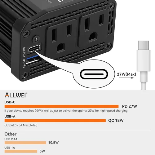 Miniatura 2 de ALLWEI - Inversor de corriente de 300 W, adaptador de toma de corriente con enchufe para coche, CC 12 V a CA 110 V, con cargador rápido USB-C PD