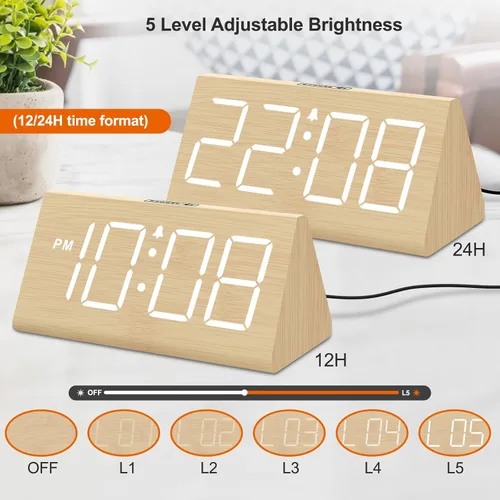 Miniatura 4 de DreamSky Wooden Digital Alarm Clocks for Bedrooms - Electric Desk Clock with Large Numbers, USB Port, Loud Alarm for Heavy Sleepers, Adjustable