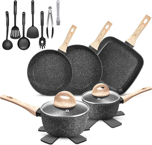 VOTTGO Juego de 19 ollas y sartenes antiadherentes, juego de utensilios de cocina de inducción de granito negro, no tóxico, saludable para