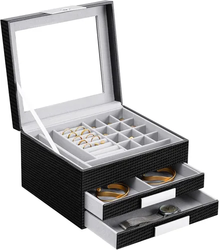 Oyydecor Joyero con tapa de cristal organizador de joyas de piel sintética de 3 niveles con 2 cajones estuche de joyería portátil grande para