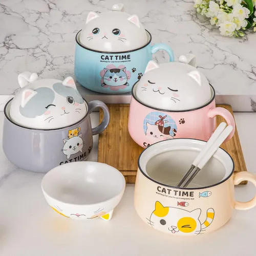 Miniatura 6 de Juego de cuencos para ramen con palillos, lindos cuencos de fideos instantáneos para ramen con diseño de gato lindo con tapa, cuencos de cerámica