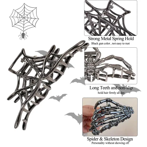 Miniatura 3 de 3 pinzas para el cabello en forma de garra con diseño de telaraña negra, mano de esqueleto y calavera para mujeres y niñas, de metal hiphop