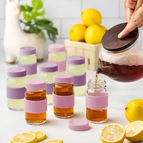 Miniatura 8 de Botellas de vidrio para jugo con tapas, transparentes, 2 oz, tapas de colores y bandas de agarre de silicona, almacenamiento de bebidas, para jugos