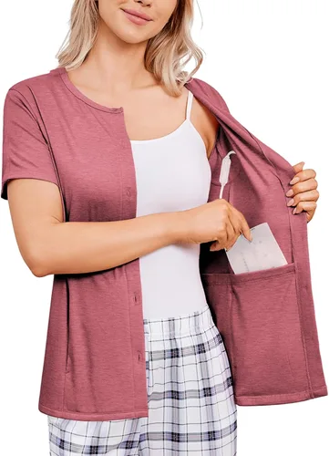 Miniatura 9 de Deyeek Camisas de mastectomía con bolsillos de drenaje para cirugía lateral de hombro para mujer, camisas de quimioterapia para acceso a puertos