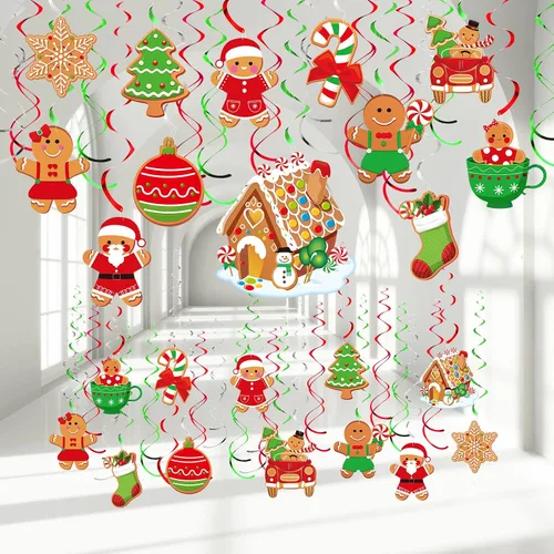 Miniatura 8 de Zomiboo 53 remolinos colgantes de Navidad, dulces de Navidad, pan de jengibre, camión, cardenales rojos, adornos de decoración de techo para árbol