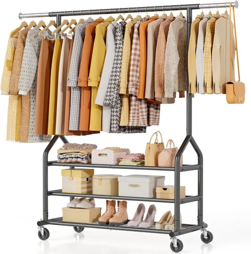 Miniatura 14 de EAGMAK Perchero de ropa resistente con capacidad de carga de 192 kg, perchero enrollable con estantes, colgador de ropa ajustable de metal