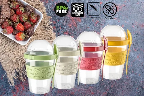 Miniatura 3 de Breakfast On the Go - Tazas de yogur para llevar y llevar con cobertura de cereales o avena, recipiente portátil de cereales de yogur Lux