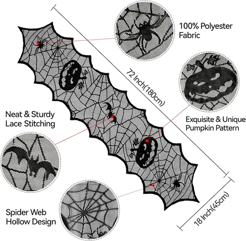 Miniatura 2 de B-COOL Camino de mesa de telaraña de Halloween, tela de araña negra, 2 paquetes de 18 x 72 pulgadas, mantel espeluznante de poliéster para fiestas