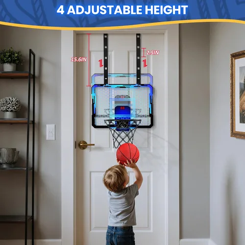Miniatura 6 de QDRAGON Aro de baloncesto para interiores para niños, mini aros de baloncesto sobre la puerta con 7 luces LED, juguetes de baloncesto, regalos