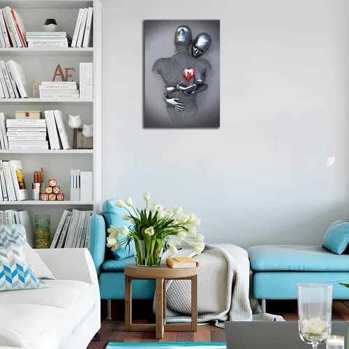 Miniatura 2 de ZEMRARE Corazón de amor 3D efecto metálico negro arte decoración de pared moderna galería pinturas para pared parejas en blanco y negro