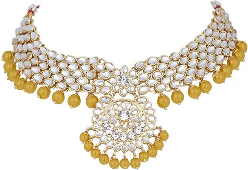 Miniatura 3 de Aheli Indian Wedding Kundan Beaded Bridal Long Choker Necklace Earrings with Maang Tikka Traditional Jewellery Set for Women