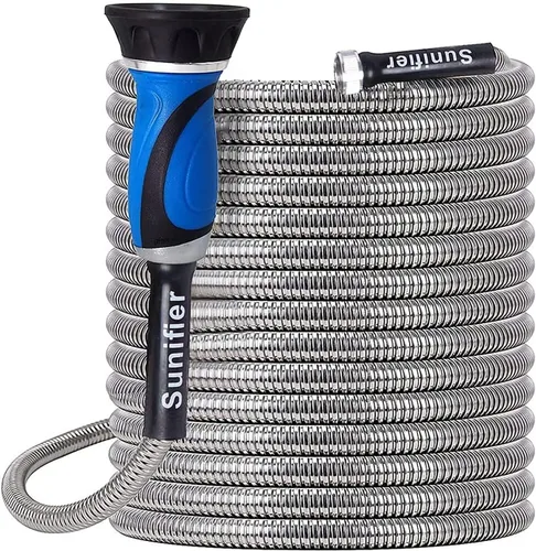 Manguera de jardín de metal de 25 pies, manguera de jardín flexible de acero inoxidable ligera, manguera de agua resistente con boquilla de alta