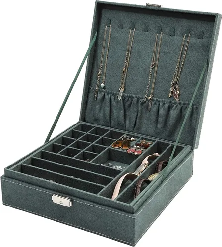 Miniatura 5 de Joyero de terciopelo verde con cerradura para mujeres y hombres caja de almacenamiento con 2 capas para aretes pulseras collares anillos 105 x 105 x