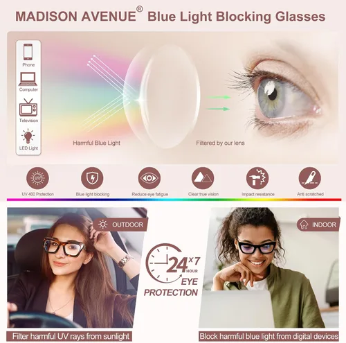 Miniatura 4 de Madison Avenue Paquete de 2 anteojos cuadrados de gran tamaño con bloqueo de luz azul para mujer, anteojos gruesos de ojo de gato, lentes
