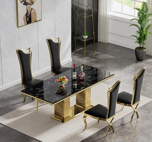 Miniatura 2 de Juego de mesa de comedor de mármol negro de lujo para 4, mesa de cocina dorada de 70 pulgadas y 4 sillas de cuero negro, juego de 5 mesas de comedor