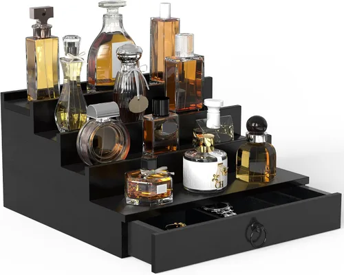 Organizador de colonia upcessory para hombres, organizador de perfume de madera negra de 4 niveles con cajón forrado de fieltro y compartimento