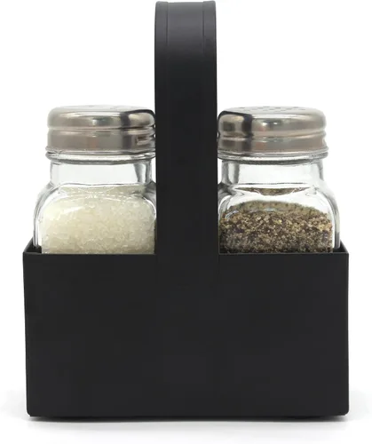 Miniatura 2 de CVHOMEDECO. Juego de saleros y pimenteros con organizador galvanizado negro, dispensadores de sal y pimienta de vidrio de granja, soporte de metal