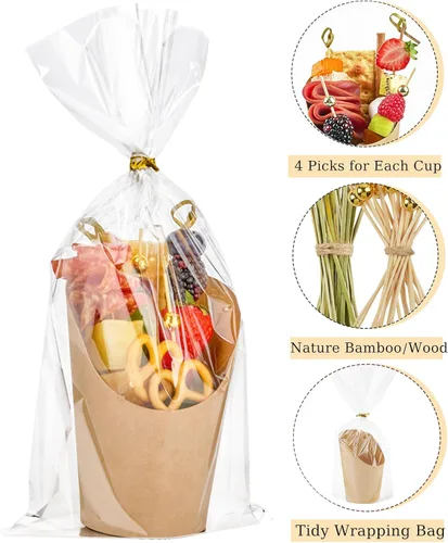 Miniatura 5 de Ocmoiy Vasos de charcutería con palillos y bolsas, vasos desechables marrones de papel kraft de 14 oz para aperitivos, vasos individuales