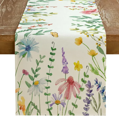 Miniatura 10 de GEEORY Camino de mesa de primavera de 13 x 72 pulgadas, acuarela floral de flores silvestres con mariposa, decoración de mesa rústica de granja
