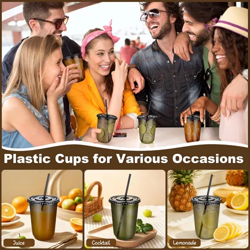 Miniatura 5 de KesaPlan Paquete de 50 tazas de plástico negro de 16 onzas con tapas y pajitas, taza de café helado desechable con tapas, tazas de fondo redondo