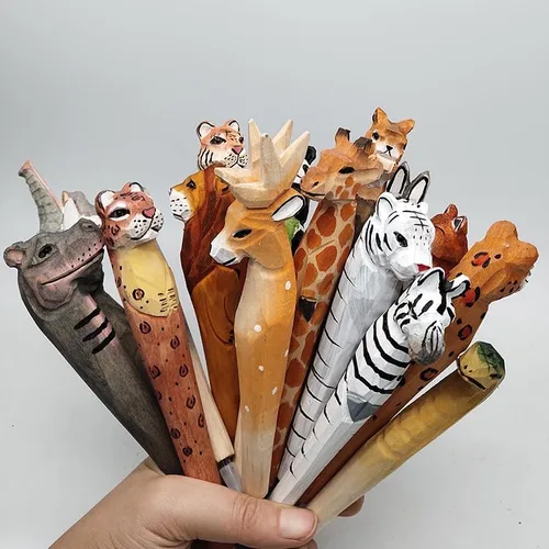 Miniatura 3 de Bolígrafo de gel de animales tallados en madera 100% hecha a mano, jirafa, perro, tigre, unicornio, lindo, material escolar, suministros de oficina